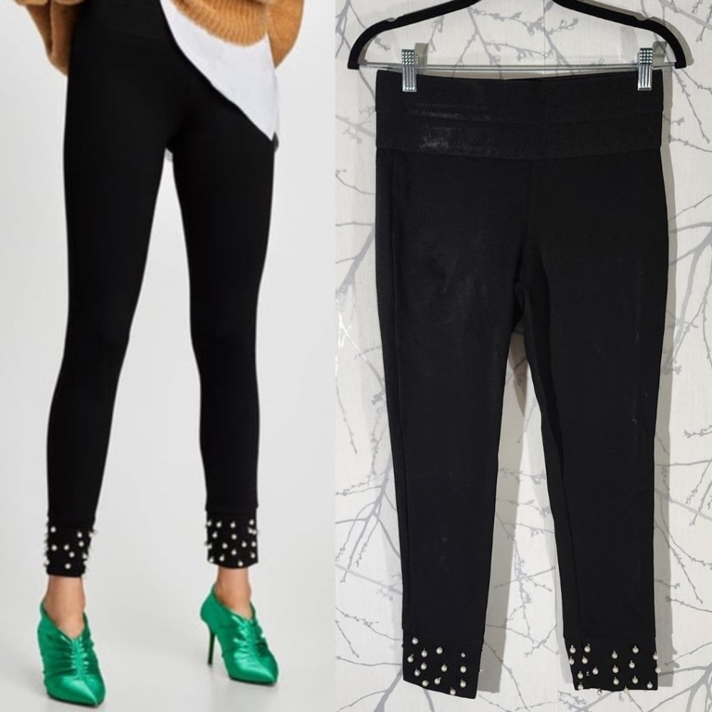 Zara Basic Black Ponte Knit High Rise Pearl Cuff Ankle Leggings